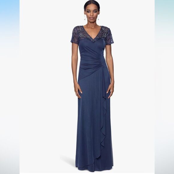 NWT XSCAPE 5497XP "CARMEN" LONG SHEER MATTE JERSEY BEADED SHORT SLEEVE DRESS 12P - Picture 1 of 16